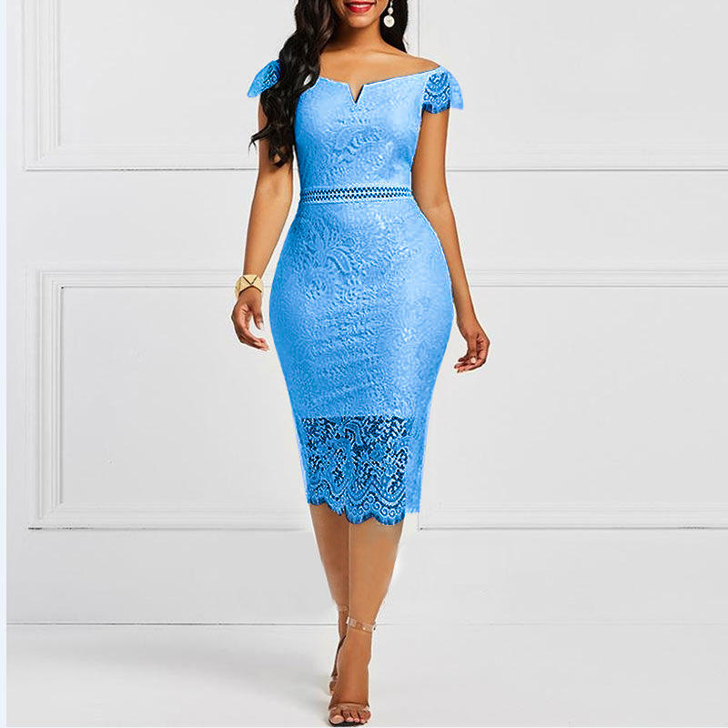 Women's Anti-Static Polyester Lace Dress with V-Neck Collar