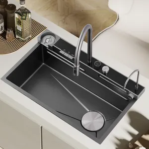 New Design Smart Single Bowl Digital Kitchen Sink 304 Stainless Steel Piano Key Waterfall Faucet Kitchen Sink With Cup Washer