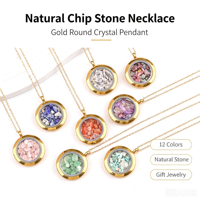 Collier avec pendentif flottant rond en verre et copeaux de cristal naturel, en acier inoxydable plaqué or, pierre de guérison