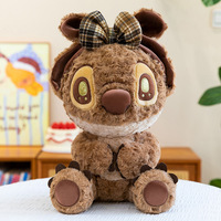 Peluche Kawaii Stitch marron avec nœud écossais - Peluche douce et moelleuse Lilo & Stitch, adorable peluche Stitch anime pour enfants