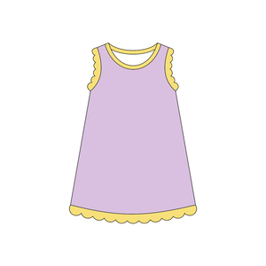 Robe d'été personnalisée pour bébé fille GSD4045, cyan uni, imprimé festonné rose, sans manches, respirante, longueur genou, vente en gros pour enfants - Product Image 4