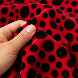 Tissu en velours floqué à pois rouges et noirs, écologique, anti-rides, respirant, pour robe, sac, décoration <span class=keywords><strong>textile</strong></span> de maison - Product Image 4