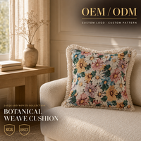 Housse de coussin vintage bleu foncé à motif floral jacquard avec franges crème, housse de coussin tissée botanique pour salon
