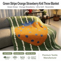 Plaid en tricot motif fraise, rayures vertes et oranges, motif fruit, réversible, en tissu semi-velours, pour canapé, décoration de salon