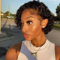 Perruque Courte Bouclée Pixie en Cheveux Humains, Noire Naturelle, Sans Colle, avec Dentelle Frontale Pré-Plumée, Cheveux Vierges Bouclés et Volumineux pour Femmes