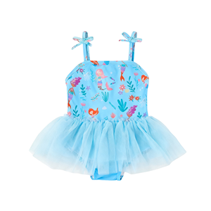Maillot de bain une pièce tutu pour petites filles, <span class=keywords><strong>bleu</strong></span> clair, imprimé algues marines, nœud papillon, bretelles spaghetti, <span class=keywords><strong>jupe</strong></span> en <span class=keywords><strong>tulle</strong></span> - Product Image 1