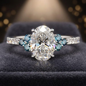VVS DIAM Women's Luxury <b>Sterling</b> 925 <b>Silver</b> Lab Diamond Oval IGI Certified Filled <b>Ring</b> Teal Blue Side Gem Cluster <b>Stacking</b> Band - Product Image 1