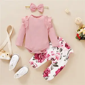Toddler Baby Girls' Clothing Sets Knitted Rompers+Floral Pants+Waistband 3Pcs Newborn Clothes for Spring Fall Infant Girl Outfit