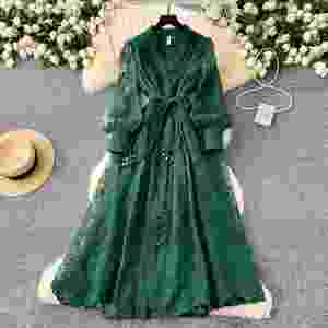 Vestido Midi Casual con Cuello en V y Manga Farol para Mujer, Colección Primavera 2025, con Bordado y Encaje, Color Negro - Product Image 1