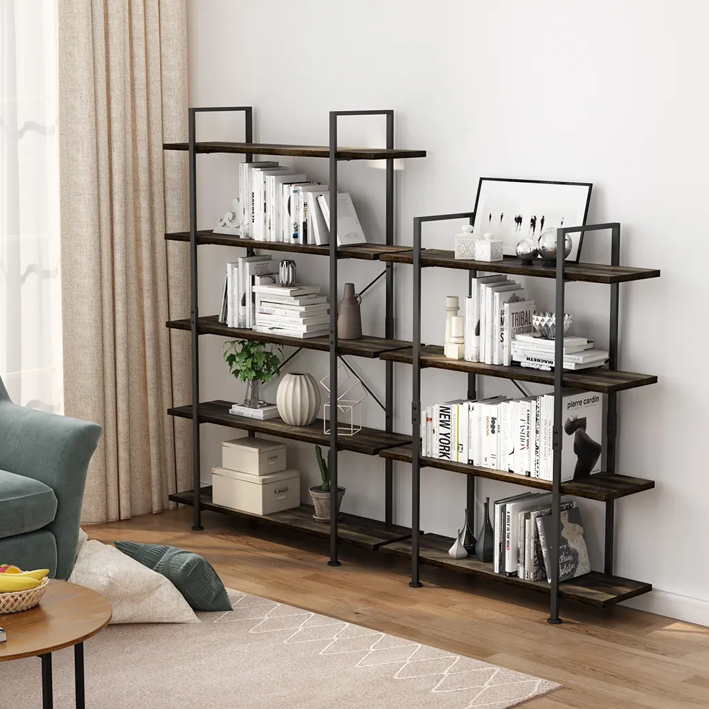 Industrial 5 Tier Bookcase Storage Display Shelves Wooden Bookshelf for Home Office