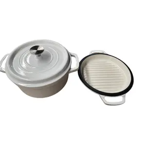 Olla de horno holandesa con tapa de plancha de fundición 3QT, hierro fundido esmaltado blanco, 22cm, gran oferta