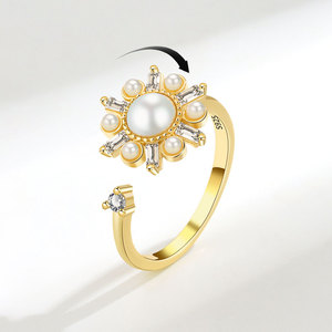 Bague anti-stress réglable en cuivre plaqué or, anti-ternissement, avec perle de culture, zircon et tournesol, pour l'anxiété - Product Image 2