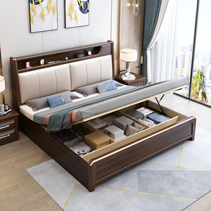 <b>Storage</b> Wooden Bed 1.8m Double Size Mahogany Solid Wood Bedroom Furniture With <b>Drawer</b> <b>Storage</b> Space - Product Image 1