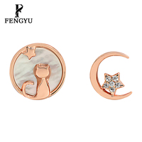 Boucles d'oreilles asymétriques mignonnes en forme de chat avec étoile et lune, avec coquillage et zircon pour femmes, bijoux fins personnalisés de créateur, vente en gros