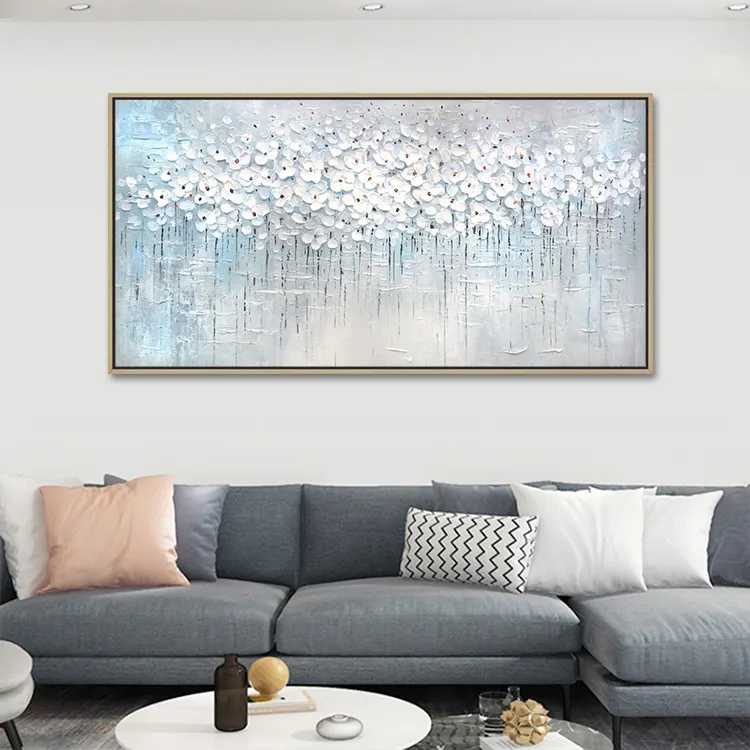 Heavy Textured Handmade Impressional 3D White Flower Wall Art For Living Room Palette Knife Floral White Painting