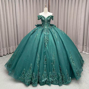 Vestido De Quinceañera Estilo Princesa En Verde Esmeralda Con Apliques De Encaje Y Cuentas Corsé De Tul Tallas Grandes <span class=keywords><strong>Vestidos</strong></span> De 15 Años Con Flores De Perlas Para Noche - Product Image 1