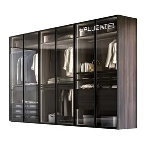 Best Selling Modern Aluminum Profile Frame Soft Closing Tinted Glass Sliding Wardrobe Door With Import Hardware