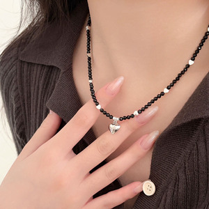S925 Sterling Silver <b>Black</b> Spinel <b>Heart</b> Necklace With Crystal Beads Clavicle Chain Everyday Wear - Product Image 3