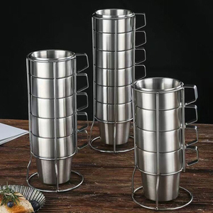 Set di Tazze da Caffè e Tè in Acciaio Inox a Doppia Parete Isolate e Impilabili con Manico e Supporto - Stile Europeo Portatile <span class=keywords><strong>per</strong></span> Feste - Product Image 4