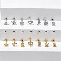 YW 18G Stainless Steel Heart Crown Butterfly CZ Top Internally Threaded Labret Piercing Flat Back Studs