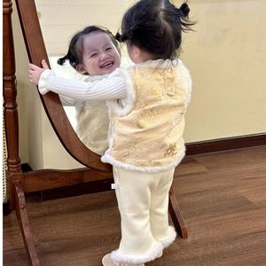 Girls Winter Set Chinese Style Jacquard Quilted Vest Fleece <b>Lined</b> Flared <b>Pants</b> Three Piece Thickening Cotton Warm Outfit - Product Image 3
