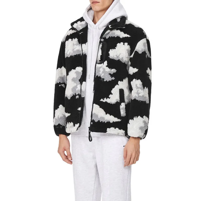 Jaqueta de lã de poliéster, design de jacquard, de alta qualidade, casual, fleece, com zíper, bordado, nuvens