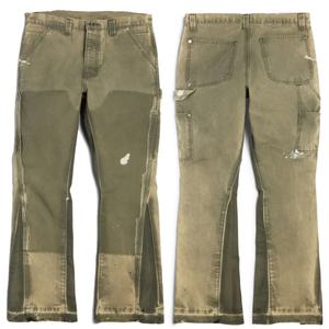 Custom Trousers 100% Cotton Vintage Slim Fit Wide Leg Distressed Double Knee Green <b>Carpenters</b> Denim Flare Jeans for <b>Men</b> - Product Image 1