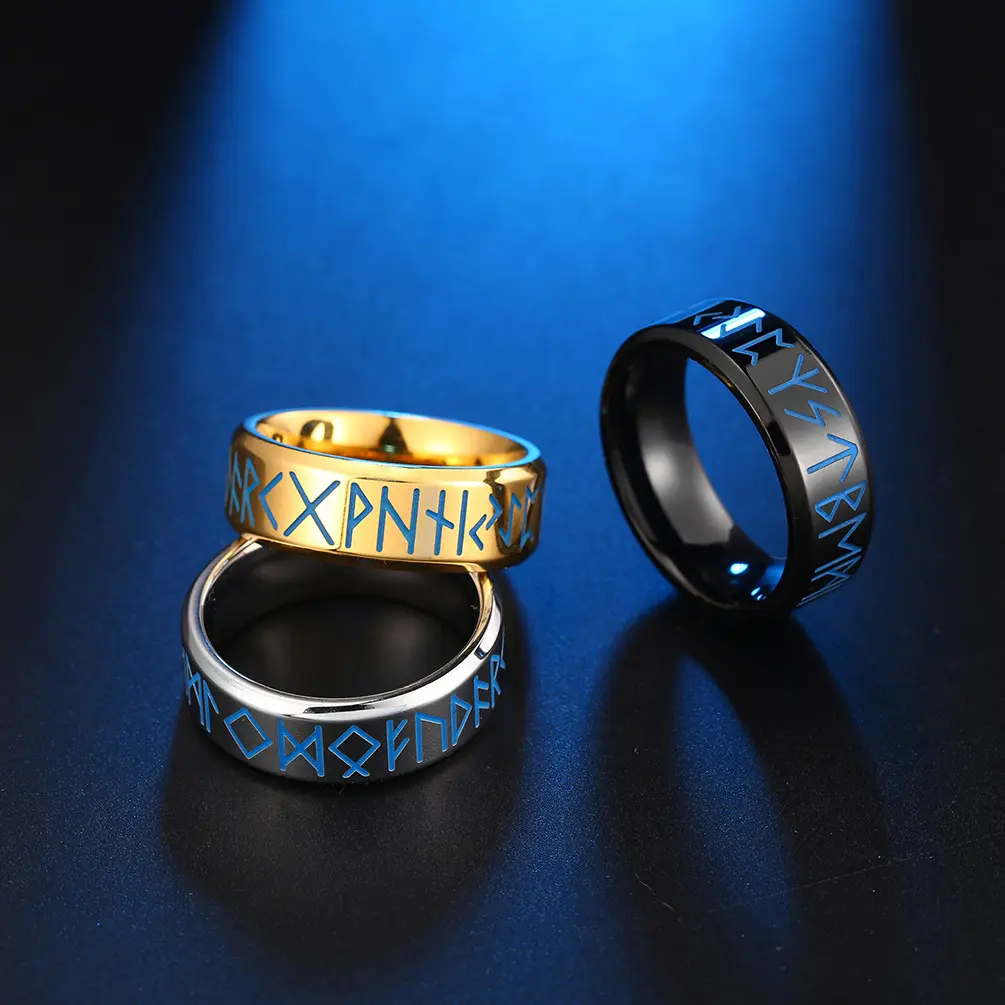 MECYLIFE 8MM Mirror Polishing Nordic Viking Text Luminous Ring Jane European Style Glowing Men's Viking Ring Jewelry