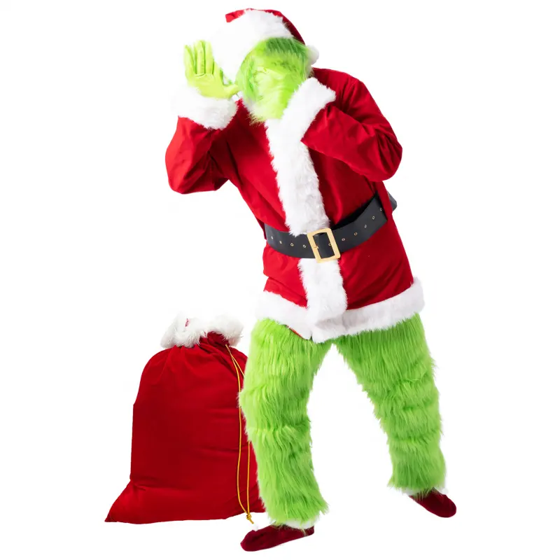 8PCS Furry Green Big Monster Christmas Costume for Men Santa Suit Adult for Halloween Outfit Holiday Cosplay