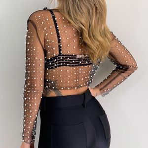 OEM Women's Spring Summer Casual Blouse Sexy Party Long Sleeve T-Shirt With See Mesh Lace Beading <strong>Crystal</strong> <strong>Tops</strong> - Product Image 3