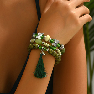 Women's <b>Beaded</b> Bracelet <b>Set</b> Green Butterfly Design Zinc Alloy Gift Jewelry SL7670 - Product Image 1