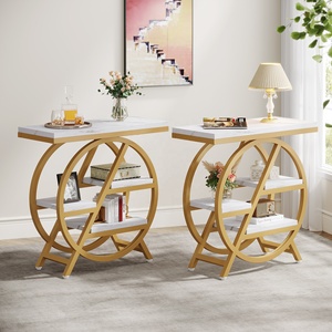 3-Tier Faux Marble <strong>Side</strong> <strong>Table</strong> With Storage, Wood <strong>Narrow</strong> Sofa <strong>Side</strong> <strong>Table</strong> Modern Nightstand and Bedside <strong>Table</strong> for Gold &amp; White - Product Image 5