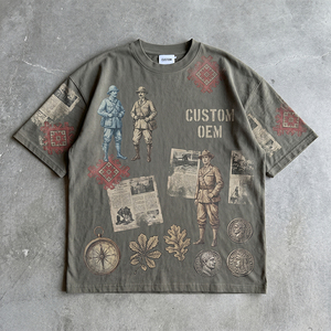 เสื้อยืดโอเวอร์ไซส์ทรงบ็อกซี่ ผ้าคอตตอน 100% หนัก 330 GSM พิมพ์ลายดิจิทัล ไหล่ตก สไตล์วินเทจ ทำสีซีดแบบดิสเทรส รับผลิตตามแบบ OEM - Product Image 1