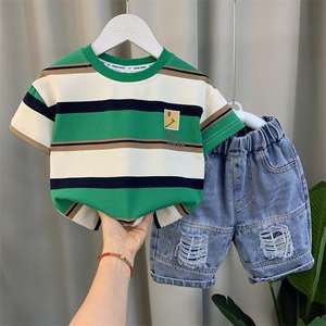 2025 <strong>Kids</strong> <strong>Boy</strong> Summer Clothes Set Striped Green White T-shirt + Distressed Denim <strong>Shorts</strong> 2 Pcs <strong>Boy</strong> Set - Product Image 1
