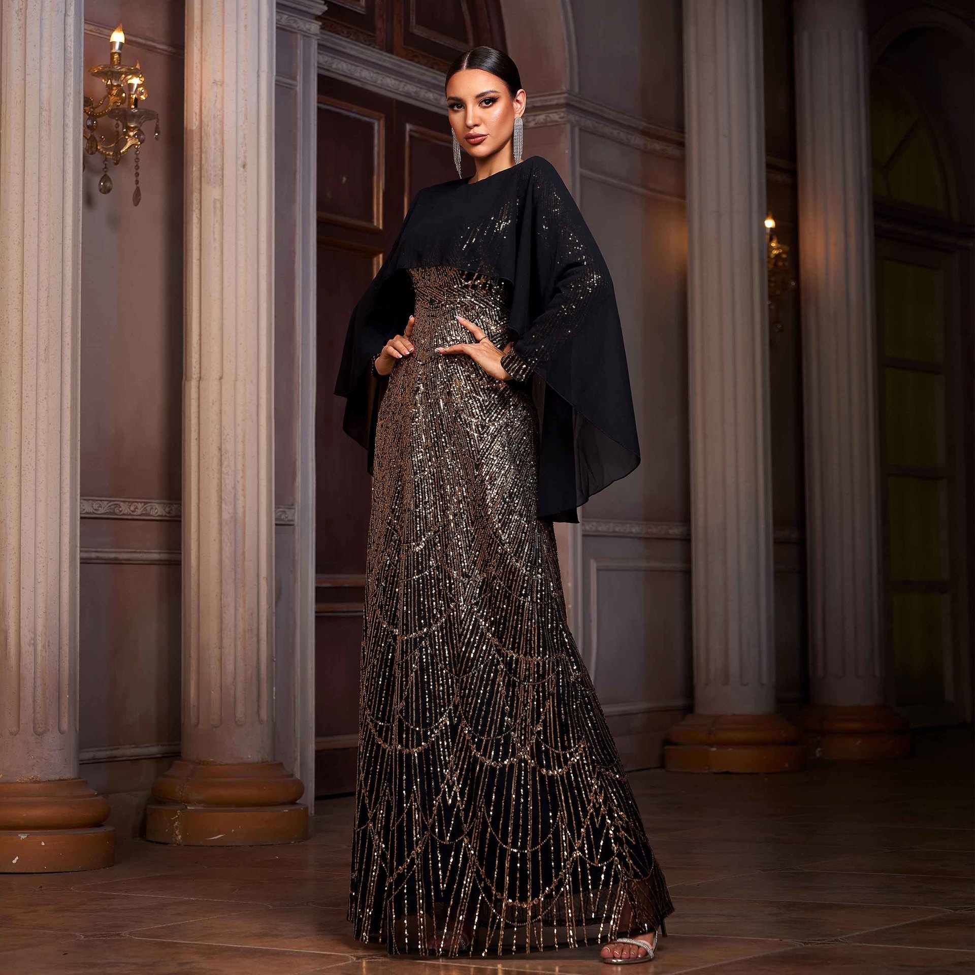 Dropshipping Women Garment High End Black and Gold Sequins Long Sleeve Cape  Maxi Long Party Gown Luxury Sequin Evening Dresses| Alibaba.com