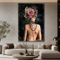 Peinture à l'huile moderne de portrait de femme à la mode avec coiffe florale, art mural sur toile fait main pour la décoration de salon de luxe