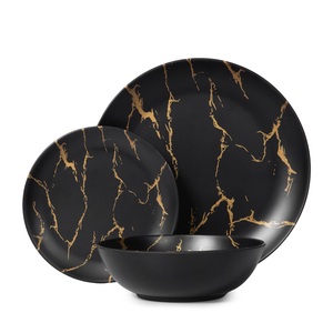 Juego de Vajilla de Melamina con Estampado Dorado Denar, Juego de Vajilla de Mármol Negro, Vajilla para el Hogar con Efecto Mármol Dinar - Product Image 1
