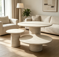 Ensemble de tables basses en travertin naturel avec bord sculpté, durable, moderne, style Wabi Sabi, table d'appoint en pierre, décoration de salon