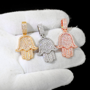 Pendentifs personnalisés en argent sterling S925 avec motif main de Fatma et moissanite, style hip-hop, plaqué or véritable, sertissage pavé, breloques Fatima - Product Image 6