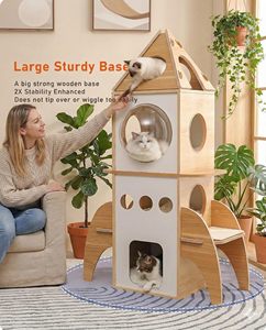 Tour à chat en bambou moderne et esthétique, design fusée, station d'activités professionnelle, centre de jeu robuste à plusieurs niveaux pour chatons, en carton - Product Image 2