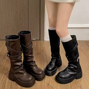 Botas Largas de Tacón Grueso Estilo Vintage para <span class=keywords><strong>Mujer</strong></span>, Botines de Diseñador hasta la Rodilla, Zapatos de Otoño e Invierno para <span class=keywords><strong>Mujer</strong></span> - Product Image 6