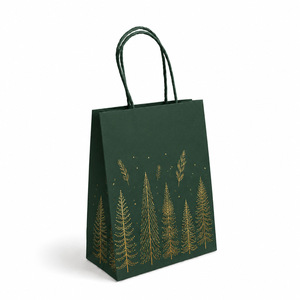 Bolsa de Regalo Mini Navideña de Papel Verde con Diseño de Árbol en Lámina Dorada, Asas Retorcidas, Embalaje Ecológico para Regalos - Product Image 1