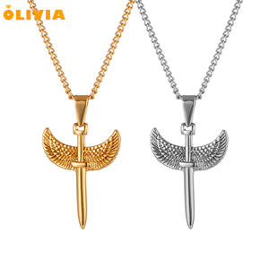 Collier pendentif vintage pour homme en or avec épée et croix, étanche, rétro, ailes de plumes, bijoux en acier inoxydable, collier d'épée <span class=keywords><strong>à</strong></span> ailes d'ange - Product Image 1
