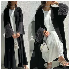 2024 New Elegant Black Arab Islamic Luxury Long Sleeve Diamond Abaya Dubai Design Open Crystal Women's Abayas