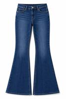 Jean évasé taille mi-haute pour femme, bleu foncé délavé, coupe slim, patte d'éléphant, surpiqûres contrastantes dorées, style vintage années 70