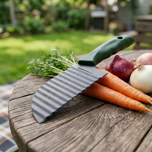 Couteau à lame ondulée en acier inoxydable avec manche vert, coupe-légumes manuel pour fruits et salades - Product Image 1