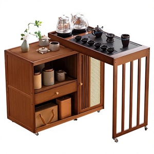 Meuble à thé pliable et mobile en panneaux de bois, hauteur réglable, avec table à thé intégrée - Combo pour villa, salon, hôtel, balcon - Product Image 3