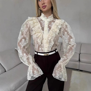 <span class=keywords><strong>Blusa</strong></span> Elegante de <span class=keywords><strong>Fiesta</strong></span> para <span class=keywords><strong>Mujer</strong></span> con Volantes de Encaje, Manga Larga Acampanada, Cuello Alto y Botones - Product Image 1