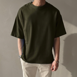 High Quality Heavy Weight Cotton T-Shirt Men Drop Shoulder Short Sleeve Blank Solid Olive Jersey Fabric Anti-Pilling Breathable - Product Image 3