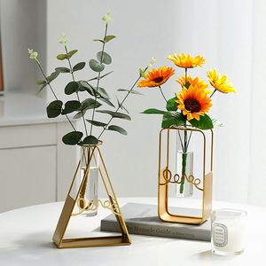 Vase à fleurs de style nordique avec cadre en métal doré, vase en verre pour la décoration intérieure du salon - Product Image 1